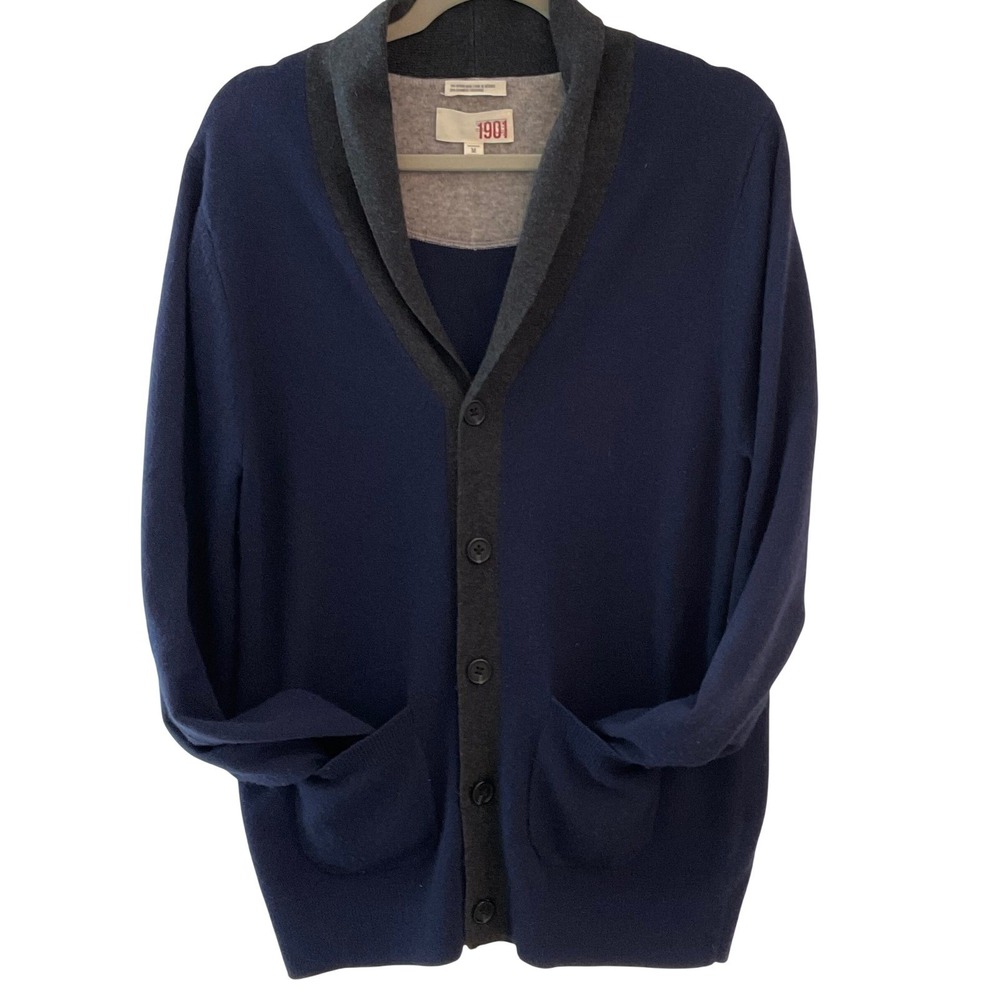 1901 men's cardigan sweater merino wool cashmere medium navy gray button grandpa